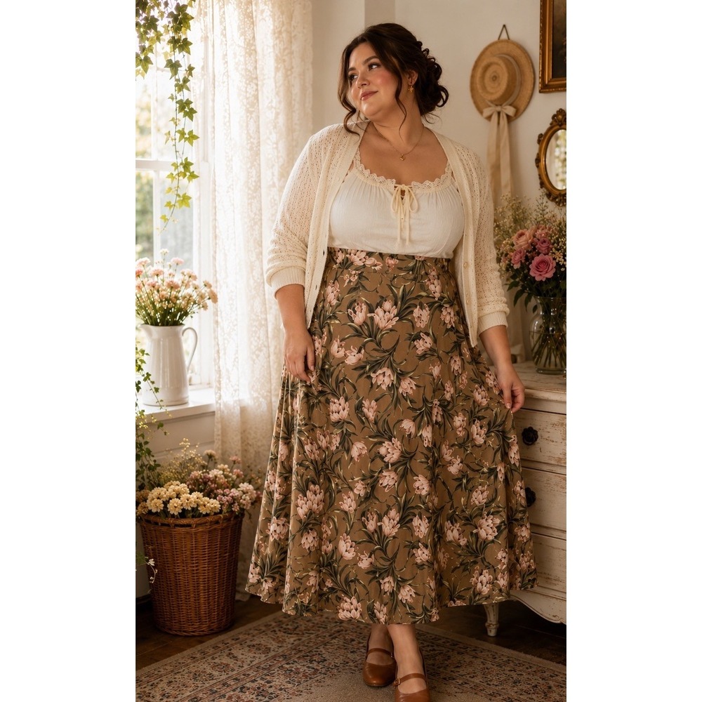 Vtg Charter Club Silk Maxi Skirt Brown Pink Tulip Floral Romantic Cottagecore 20